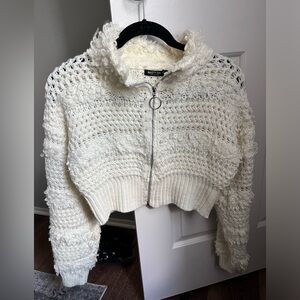 Nasty Gal Cropped White Zip Up Sweater